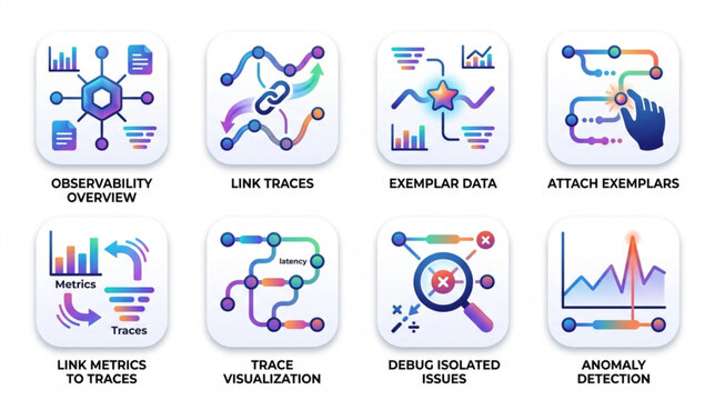 Data observability and trace visualization software system monitoring app UI icon set