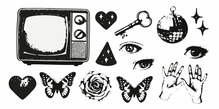 Black and white collage featuring a vintage television eyes heart key and floral elements