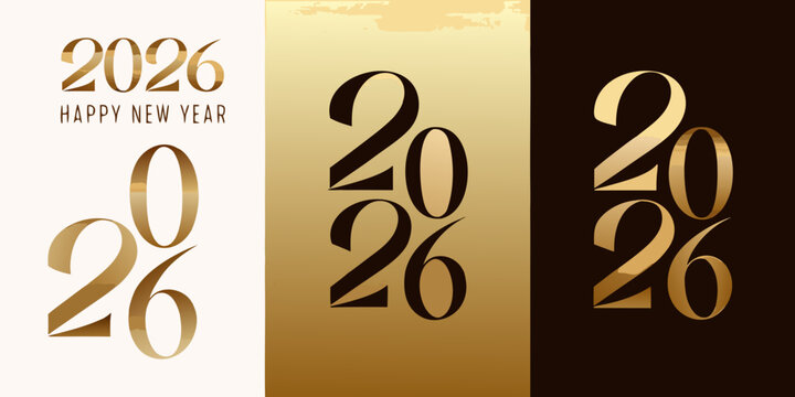 Golden And Dark 2026 New Year Typography Designs With Flowing Script And Gradient Backgrounds