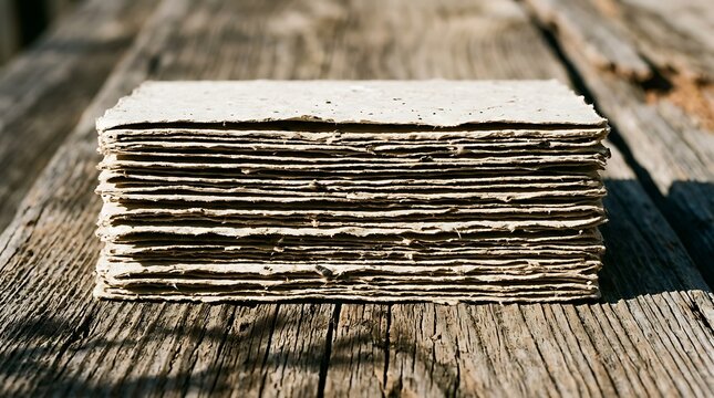 Stack of handmade deckle edge paper on a weathered wooden table