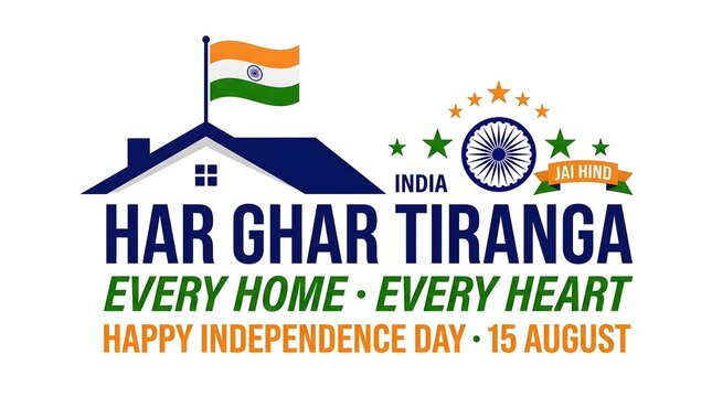 Har ghar tiranga independence day india celebration vector illustration with national flag on house roof and ashoka chakra