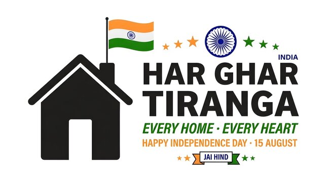 Har ghar tiranga independence day india celebration vector illustration with national flag on house roof isolated on white background