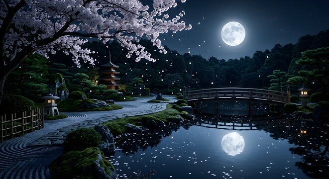 A tranquil night scene in a traditional Japanese garden. A large full moon shines brightly, reflecting in a calm pond with falling cherry blossom petals. A traditional wooden bridge crosses the water 