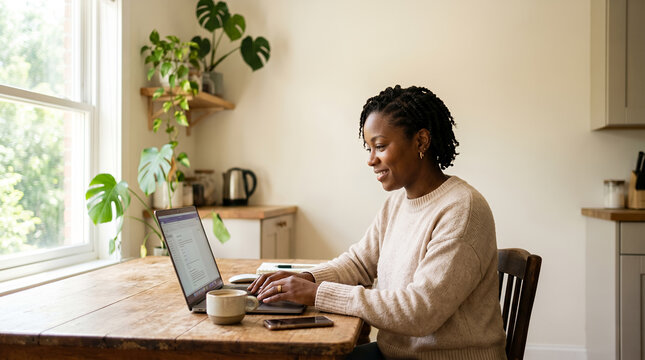 Woman working from home on laptop at kitchen table