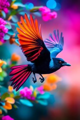 Fototapeta premium A black bird with red and orange wings flying through the air