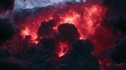 Fototapeta premium Dramatic Sky: Fiery Red and Dark Clouds Illuminated by Lightning