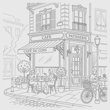Charming Parisian Cafe Scene: Black and White Illustration