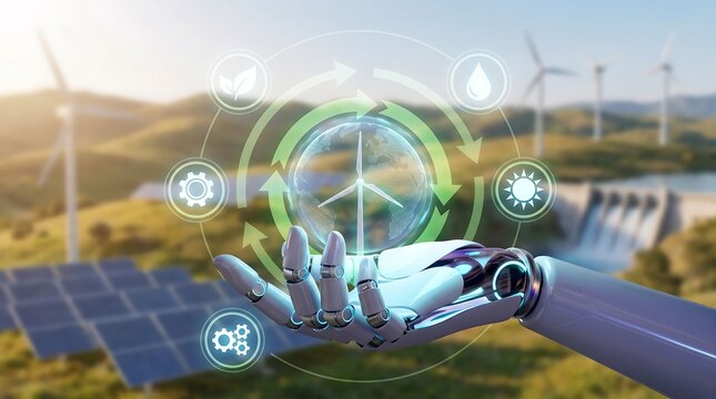 Robotic hand holding a glowing holographic globe with wind turbine icon and renewable energy interface against a backdrop of solar panels