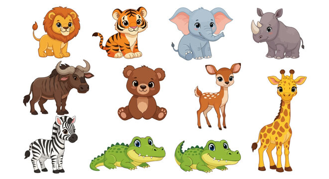 Colorful cartoon safari animals, educational illustration for kids, zoo concept background