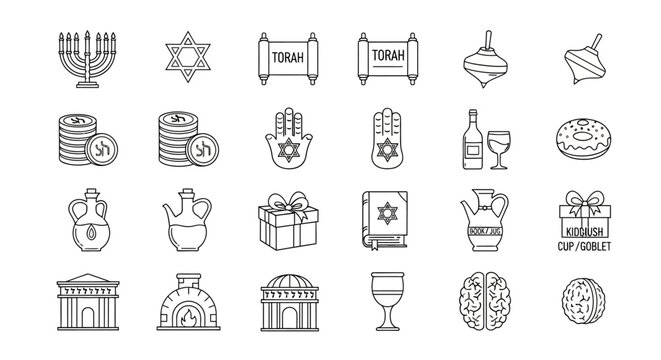 Hanukkah symbols and objects, jewish holiday icons, celebration concept