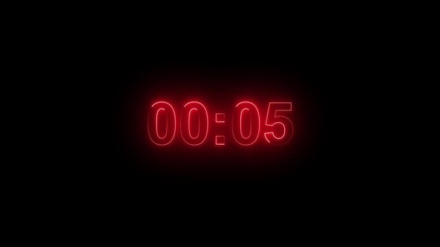Timer features glowing red digital characters that count down five seconds against a dark void to signify a high pressure situation or a sudden stopping point in a complex professional operation.