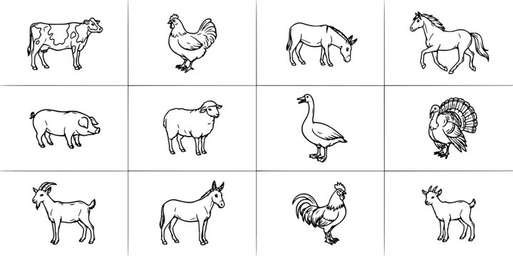 Animals Including a Cow, Chicken, Donkey, Horse, Pig, Sheep, Goose, Turkey, Goat, Mule, Rooster, and Deer