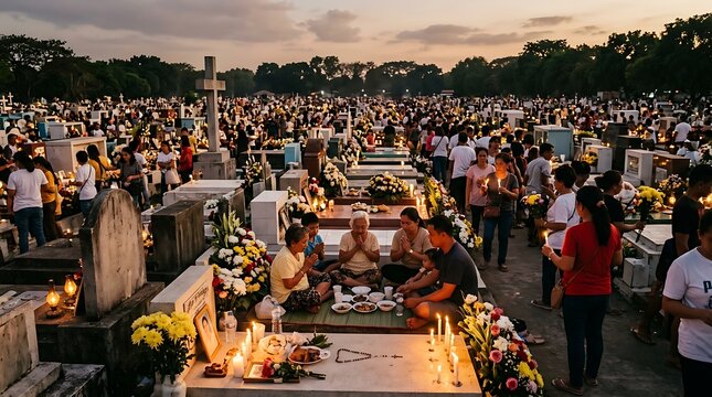 Families gather in cemetery to honor ancestors at dusk