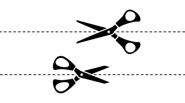 Pair of scissors with dotted line for cutting vector set. Dashed line coupon elements, trim borders, and voucher guide collection. Black silhouette tool vector illustration