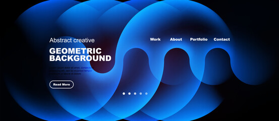 Naklejka na ściany i meble Abstract blue shapes overlap black background. Text includes work, about, portfolio, contact, read more. Modern design elements present.