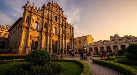 Fototapeta premium Historic stone cathedral facade at sunset in a public garden plaza