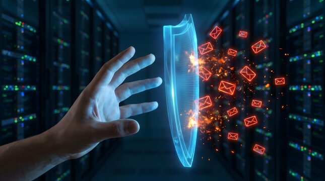 Hand raising a digital shield to block malicious flaming email envelopes in a secure server data center.