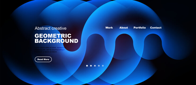 Abstract blue shapes overlap black background. Text includes work, about, portfolio, contact, read more. Modern design elements present.
