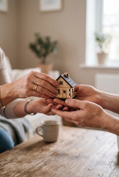 Home ownership transfer concept with hands holding house model