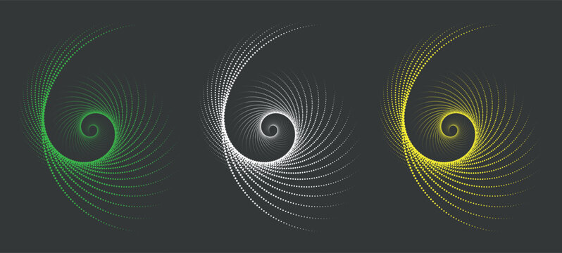 Abstract spirals green white and yellow dot patterns on dark background