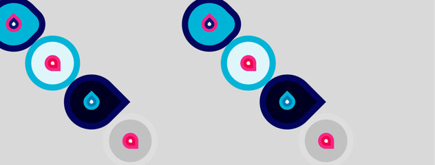 Fototapeta premium Pattern features blue, pink, white circles. Designs resemble eyes, possibly protective talismans. Simple, repeating motif on gray background.