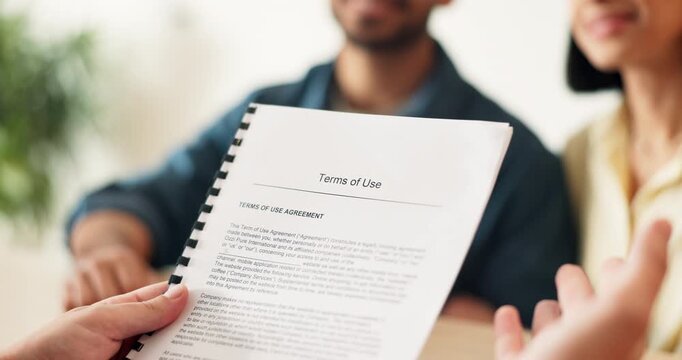 Documents, financial advisor and hands with couple in home together for terms of use agreement. Broker, contract and talking with people in apartment for finance conversation or portfolio discussion