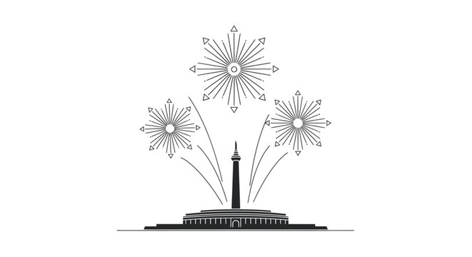 Monas National Monument Jakarta with Fireworks Vector Illustration
