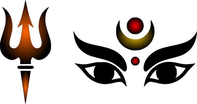 Goddess Durga eyes vector illustration featuring an elegant deity third eye portrait with red bindi tilak and a glowing orange gradient trishul trident symbol isolated on white background.