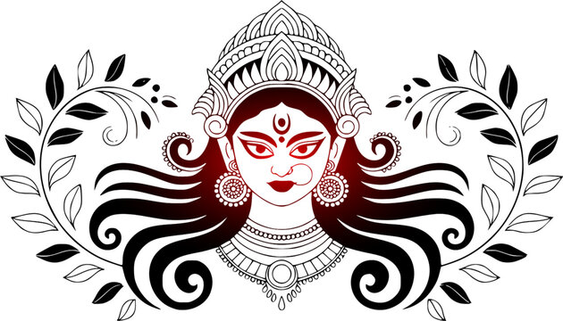 Goddess Durga face line art illustration featuring an elegant deity portrait with traditional crown, nose ring, and symmetrical floral leaf branches decoration on a white background.
