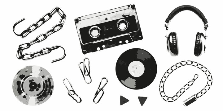 Punk Rock Collage Featuring Cassette Tape Vinyl Record And Headphones