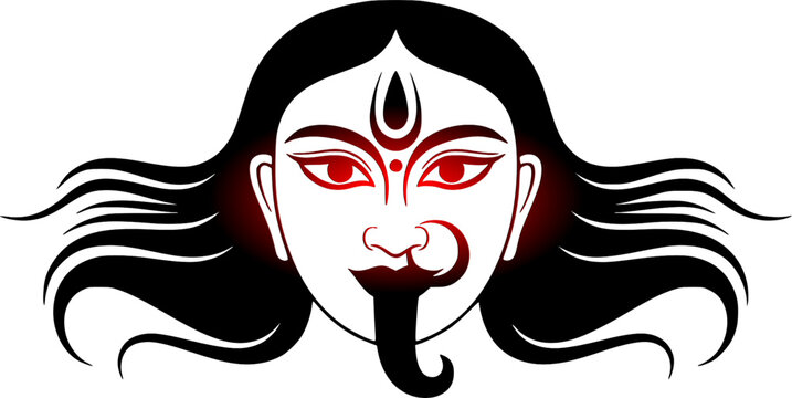 Goddess Kali face illustration featuring a fierce hand-drawn portrait with long flowing black hair, third eye tilak, and traditional red eyes isolated on a white background.