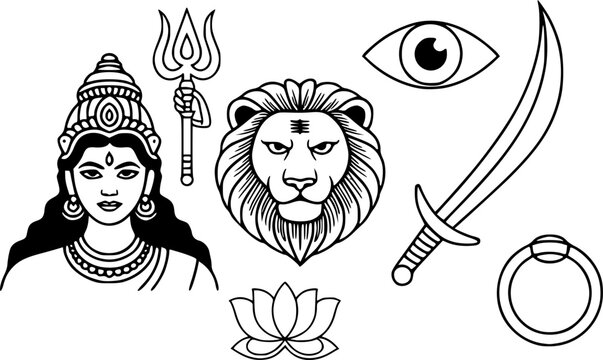 Goddess Durga line art element set featuring Hindu deity portrait with trishul, lion vahan head, sword, third eye, and lotus flower symbols isolated on a white background.