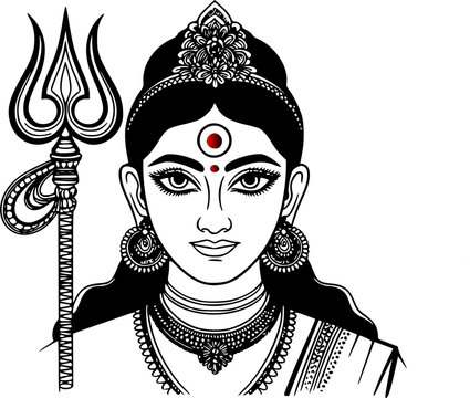 Goddess Durga portrait line art illustration featuring an elegant hand-drawn face of the Hindu deity with a trishul trident isolated on a white background for Navratri festival.