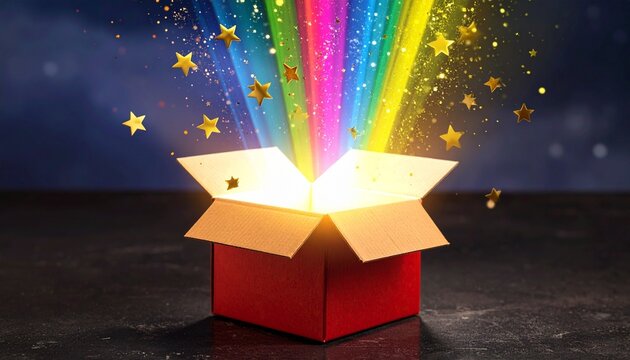 Red box with magical colorful beams and sparkles