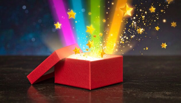 Red box with magical colorful beams and sparkles