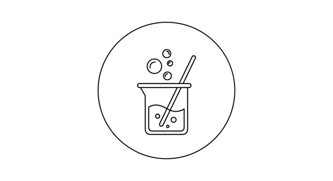 Laboratory beaker with stirring rod and bubbles, science experiment icon, simple line art