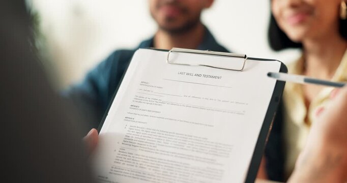 Broker, documents and hands with couple in home together for last will and testament or planning. Financial advisor, paperwork and talking with people in apartment for retirement conversation