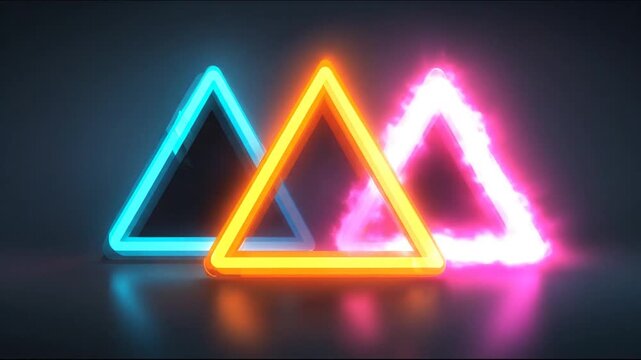 Glowing neon triangles with blue, yellow, and red colors arranged in a dark background