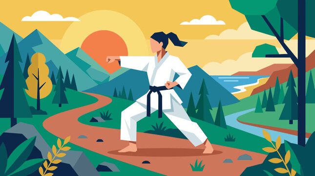 Karate Training in Nature: Vector Illustration of a Woman Practicing Martial Arts