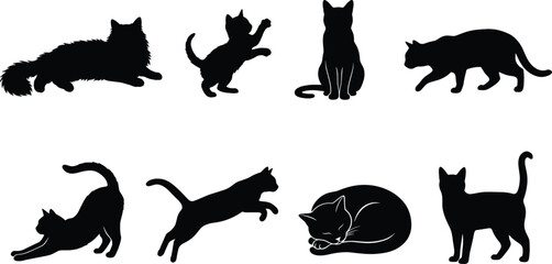 Fototapeta premium Cat Silhouette Collection Featuring Sitting Walking Jumping Stretching Sleeping and Playful Domestic Feline Poses