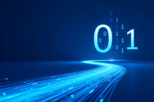 Blue background with glowing zero and one binary numbers