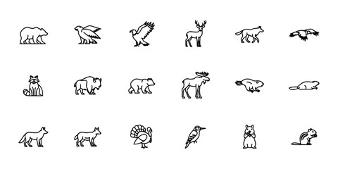 Fototapeta premium Animal Icons Arranged in a Grid Pattern with Thin Black Outline on White Background, Minimalist Vector Style for Web and Design