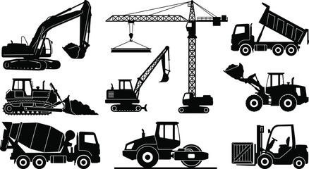 Construction Equipment Silhouette Bundle Featuring Excavator Crane Dump Truck Bulldozer Loader Roller and Forklift © GeetaRani