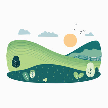 Stylized Landscape with Rolling Hills, Sun, and Clouds