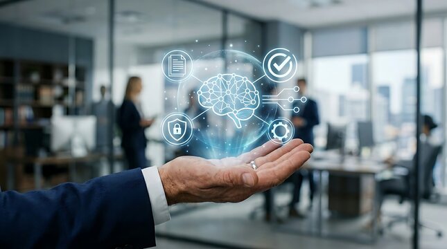 Businessman presenting digital brain interface with icons in modern office setting with coworkers in background
