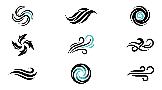 A collection of abstract swirl and wave vector graphics representing wind, air, and motion, suitable for logo design and decorative elements.
