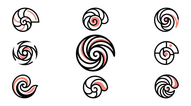 A collection of nine stylized spiral and nautilus shell designs with black outlines and coral accents, illustrating various geometric and organic patterns.