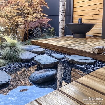 Sophisticated modern outdoor space with black water bowl, wooden platform, and stone path