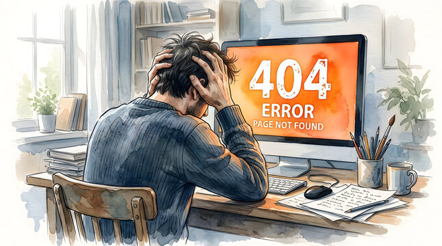 Man sitting at desk frustrated with 404 error on computer screen