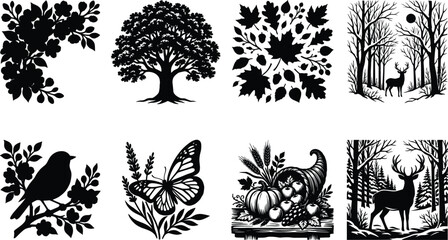 Fototapeta premium Seasonal Nature Silhouette Bundle Featuring Spring Blossoms Summer Butterfly Autumn Harvest and Winter Wildlife Scenes